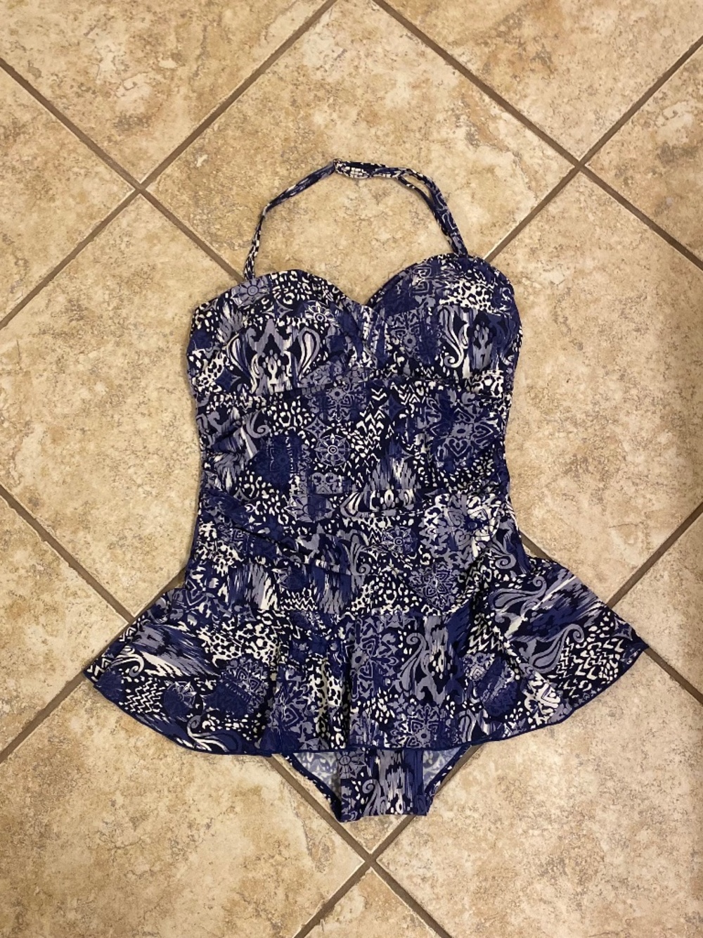 Navy blue paisley print skirted swimsuit by Aliaha Levine size 10